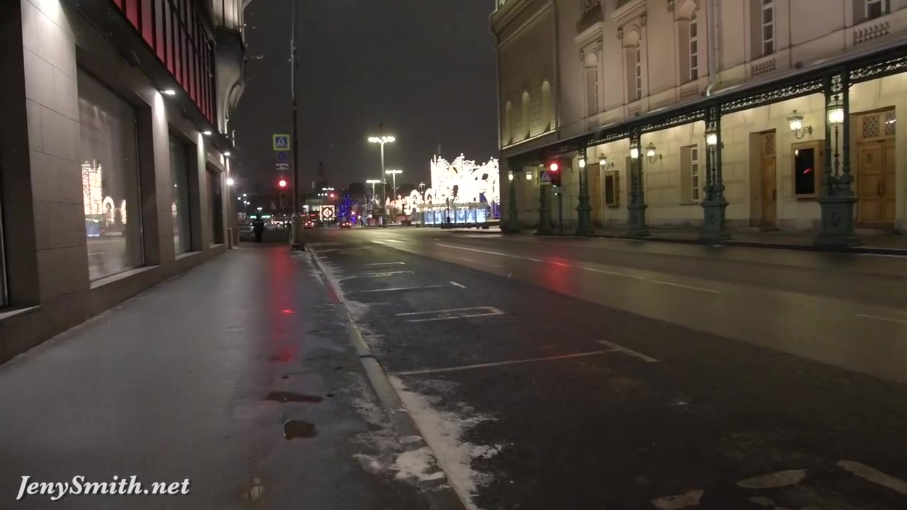 Jeny Smith naked in snow fall walking through the city