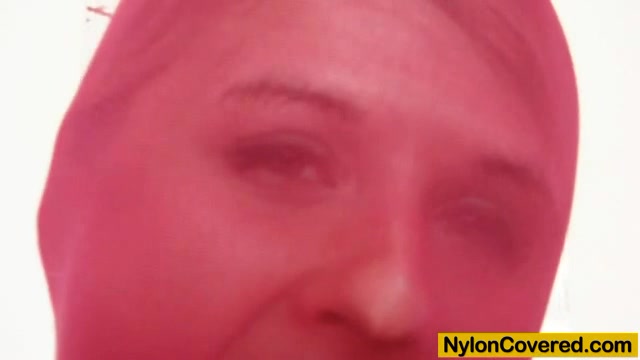 Hot blonde red spandex mask on her face
