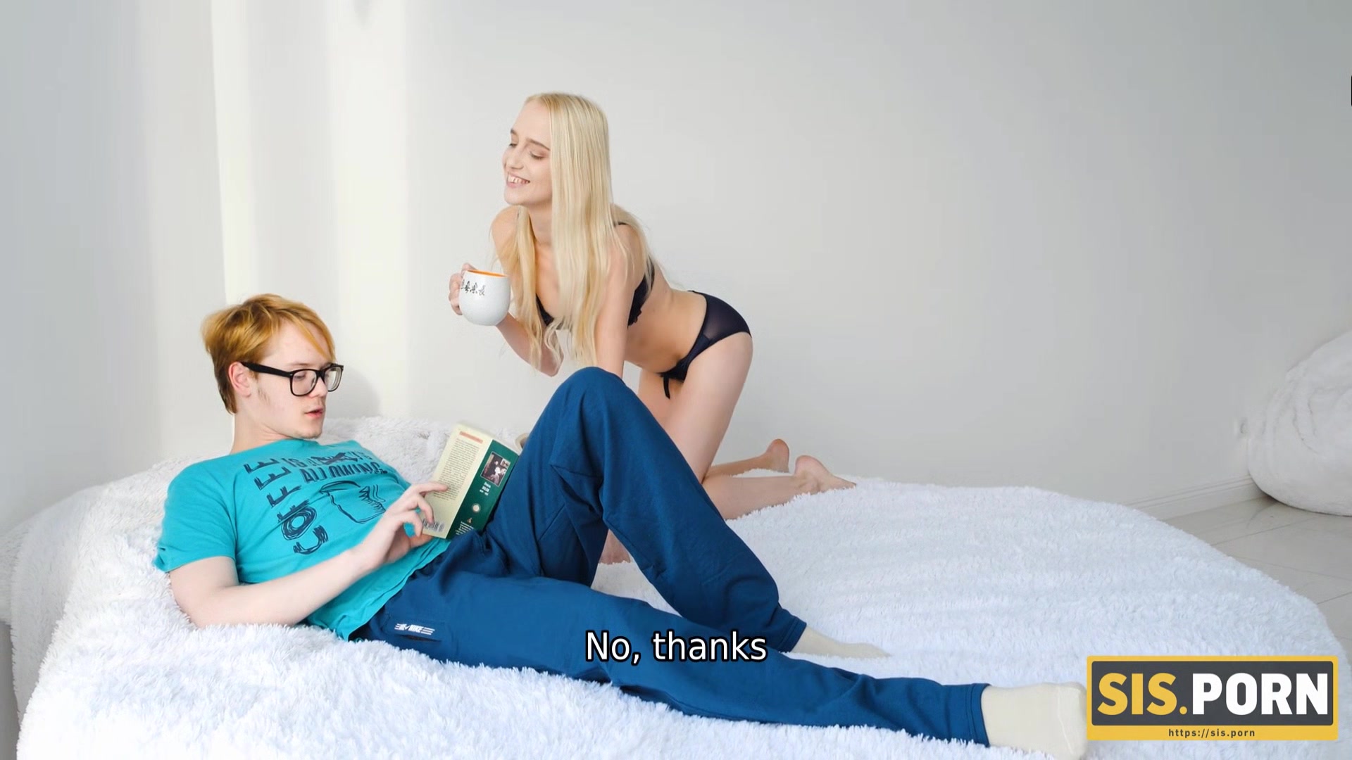 SISPORN. Boy is resting on bed not noticing blond GF having sex with stepbro