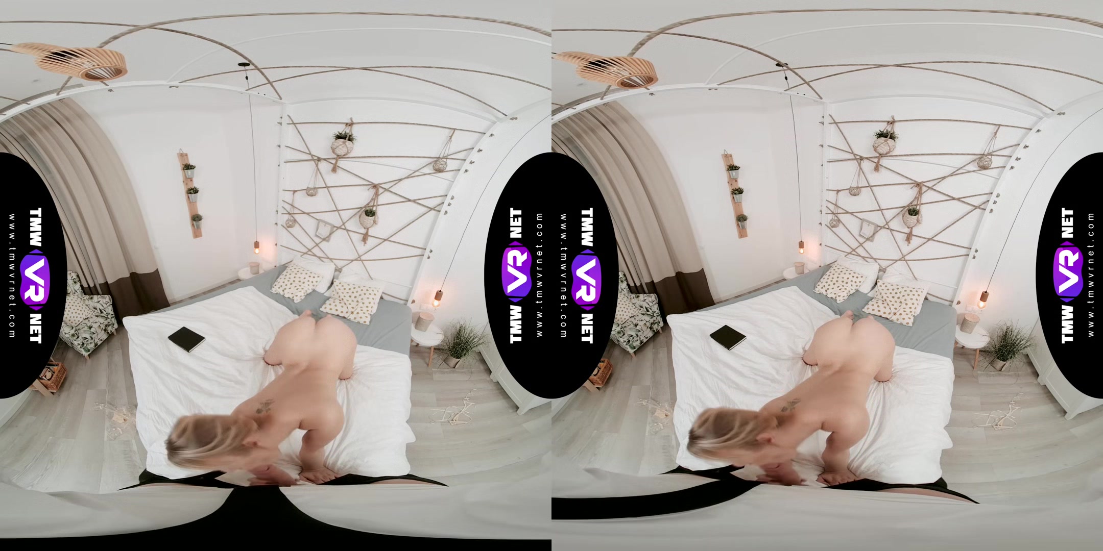 Glam blonde waits for dude in bed