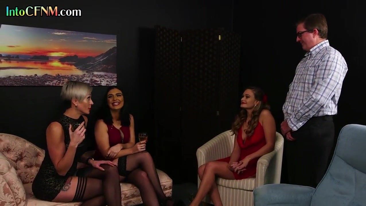 CFNM classy babes in dress and heels suck cock in group BJ