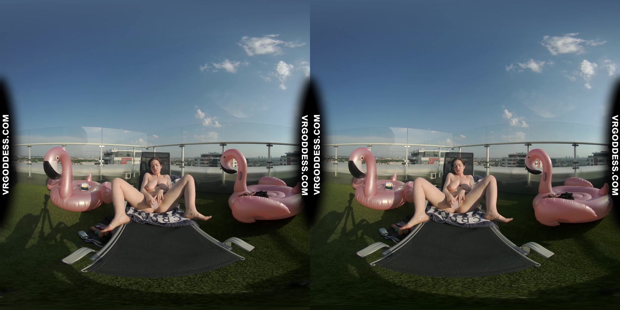 Big Boobed Tattoo Sammy Masturbating With A Dildo In The Sun On Private Penthouse Rooftop