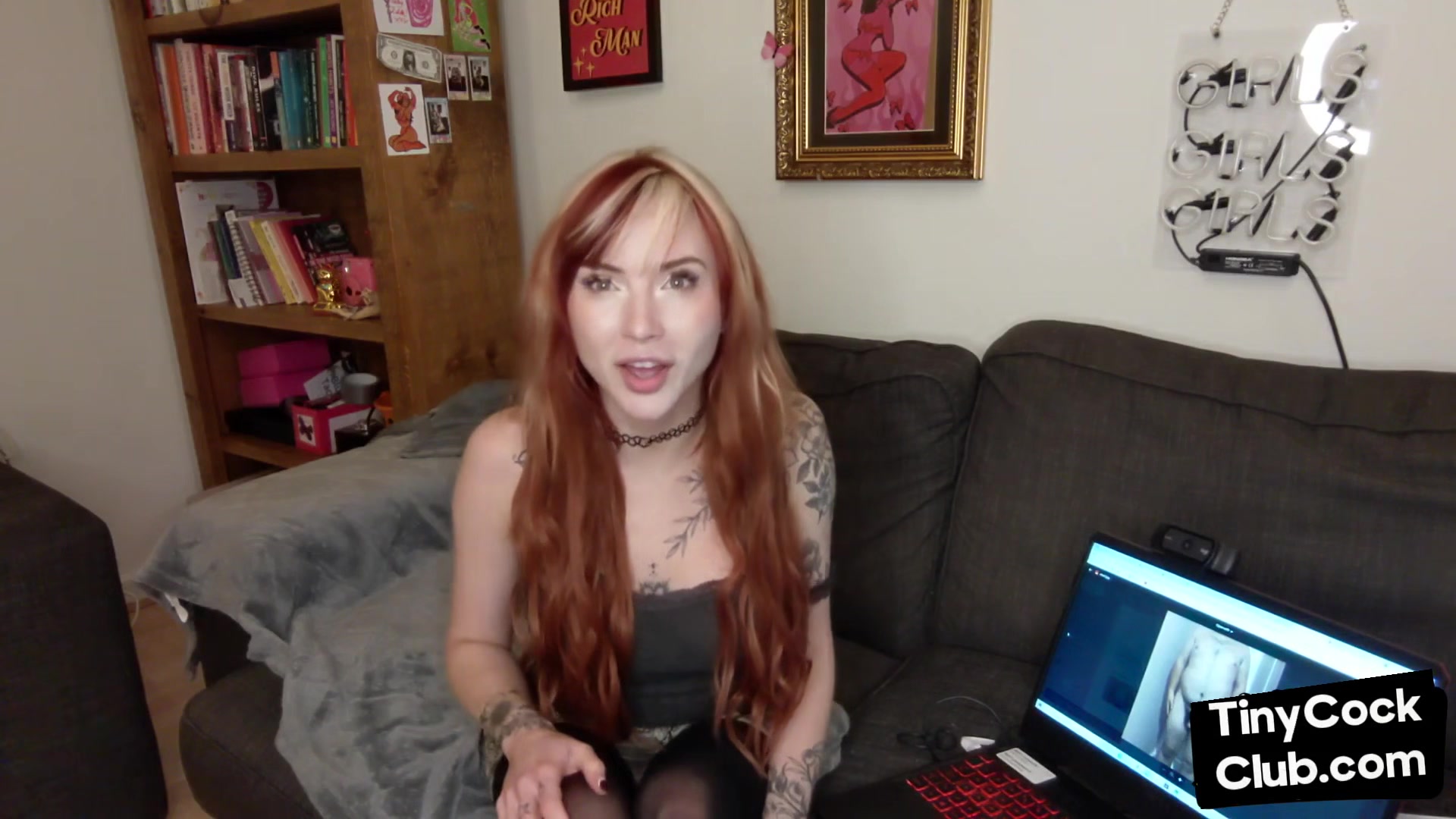 SPH solo inked babe in stockings humiliates small dicks