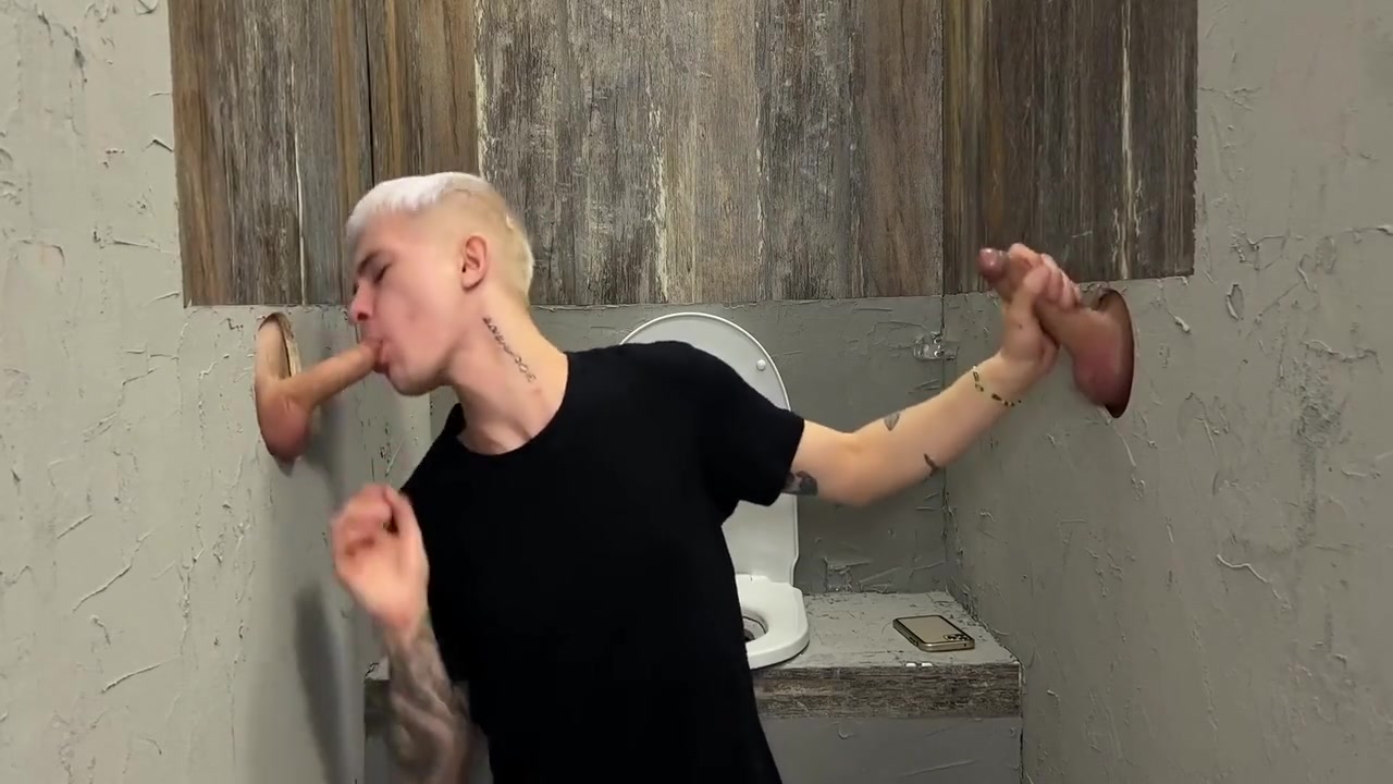 The Guy Jerked Off In The Toilet And Then He Was Joined By Two Penises In Holes