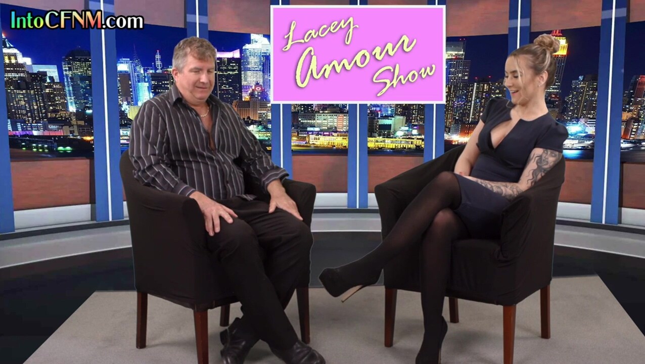CFNM femdom TV host babe sucks and wanks guests cock
