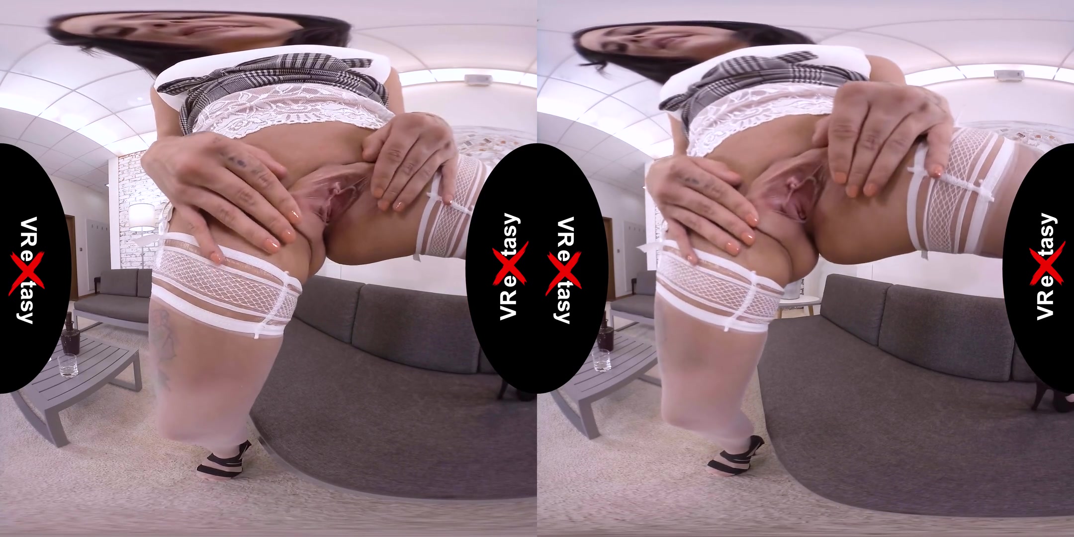 Barbie Esm - Solo in White Stockings - Big Tits Brunette Stripping and Masturbating