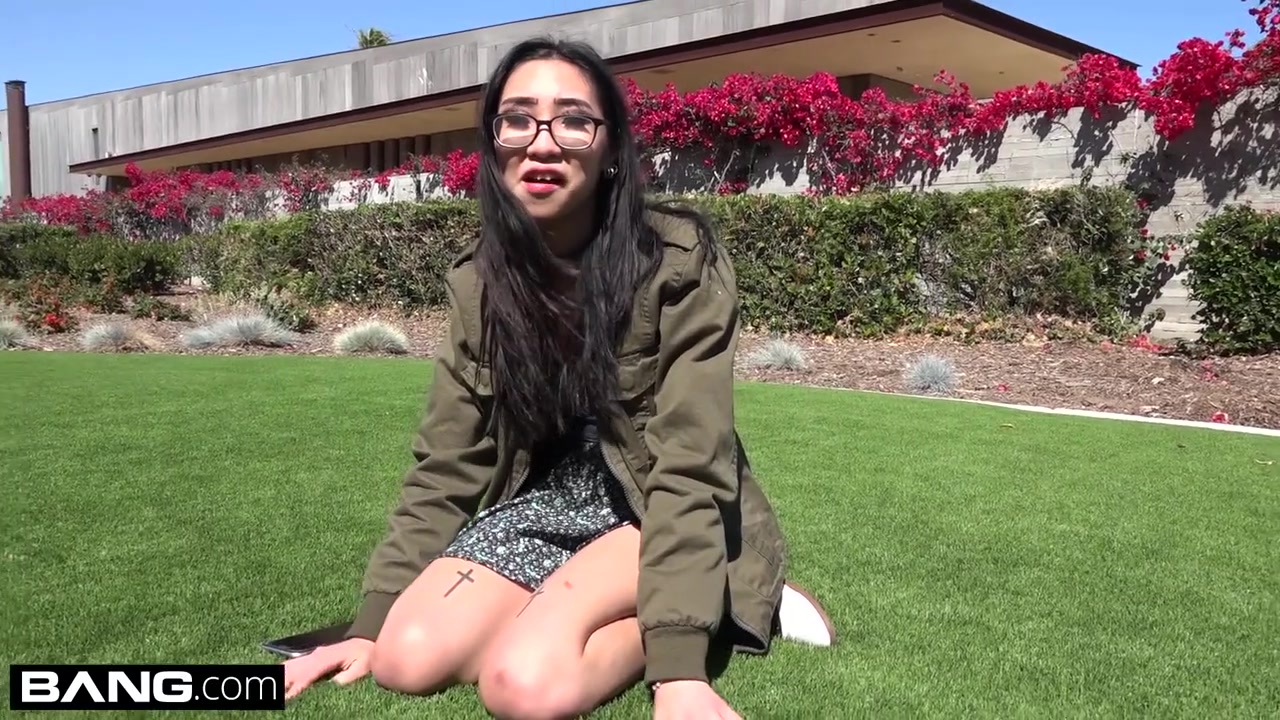 Nerdy teen 18+ asian Eva Yi flashes her tits in public