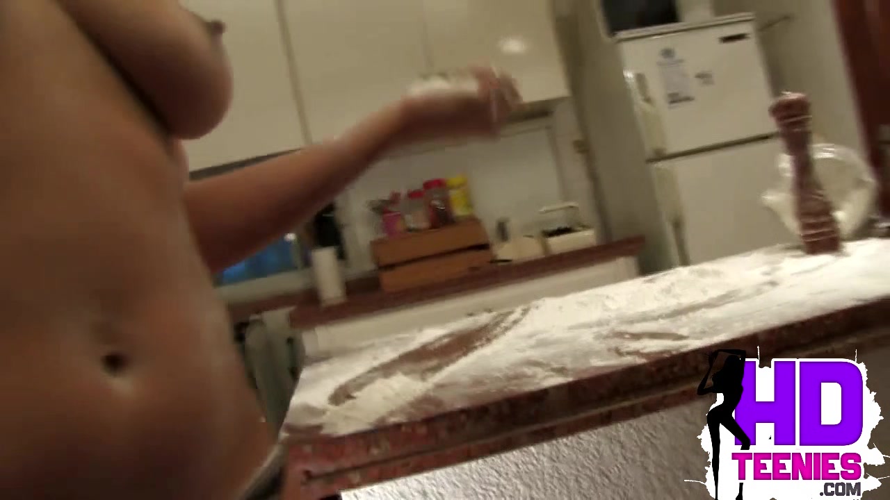 teen 18+ Maid showing her medium tits and ass while baking