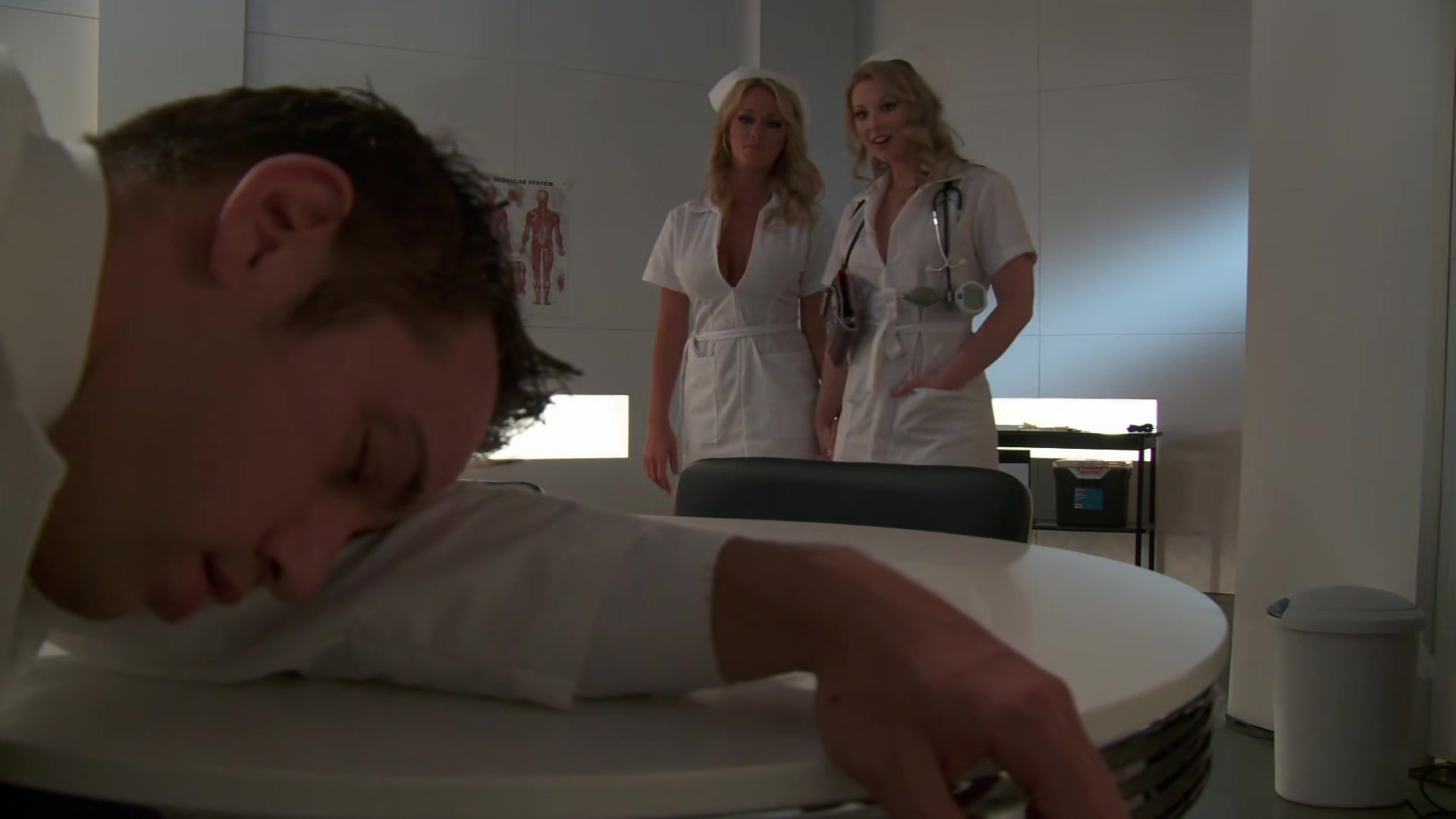 Very naughty nurses, Paige Ashley and Sunny Lane, both hot blondes with big boobs, wearing sexy lingerie In Ffm 3some