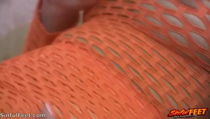 Chloe James Rubs One Out In Orange Fishnets