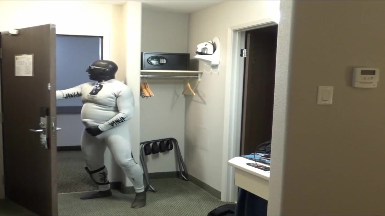 At Hotel Window And Door I Cum Wearing Bastard Wetsuit Silicone Hood