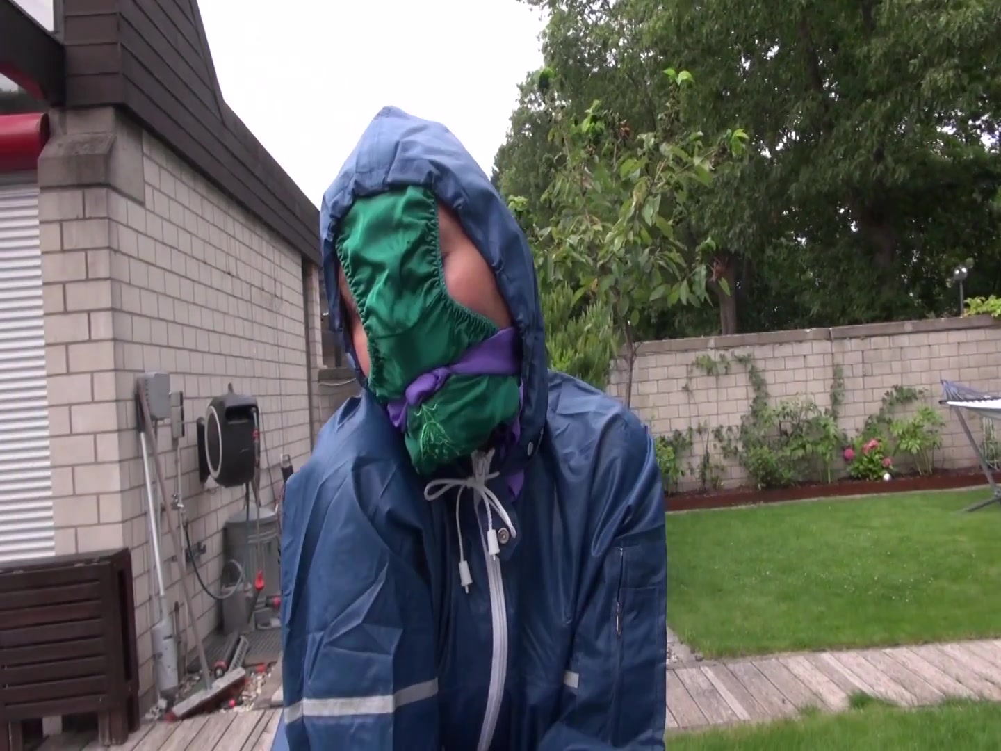 Watch Sandra Beeing Bound, Gagged With A Pantyhood In Her Oldschool Rainsuit