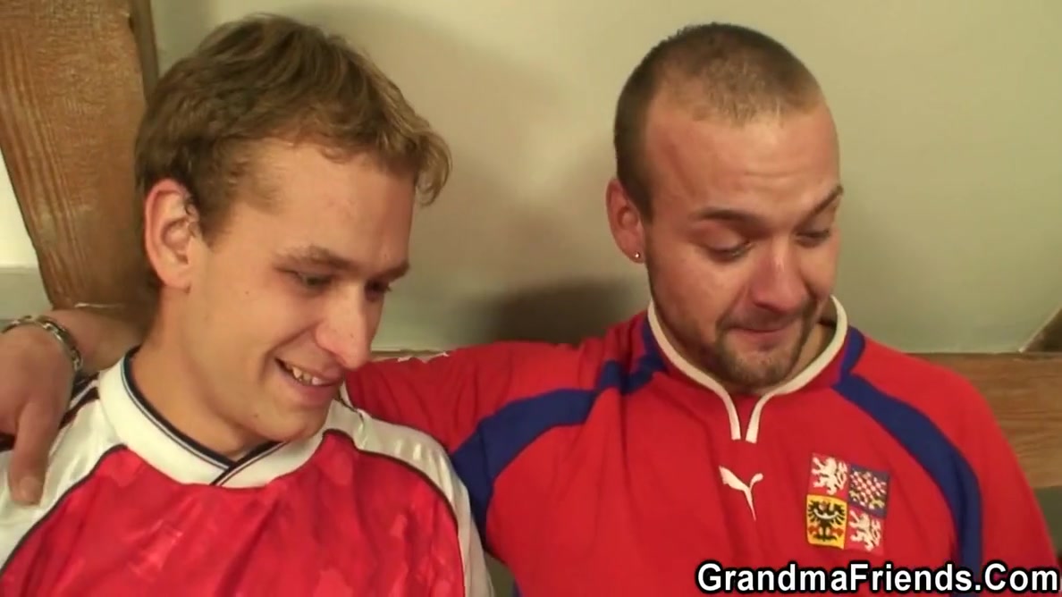 Two Buddies Share Very Old Skinny Grandma