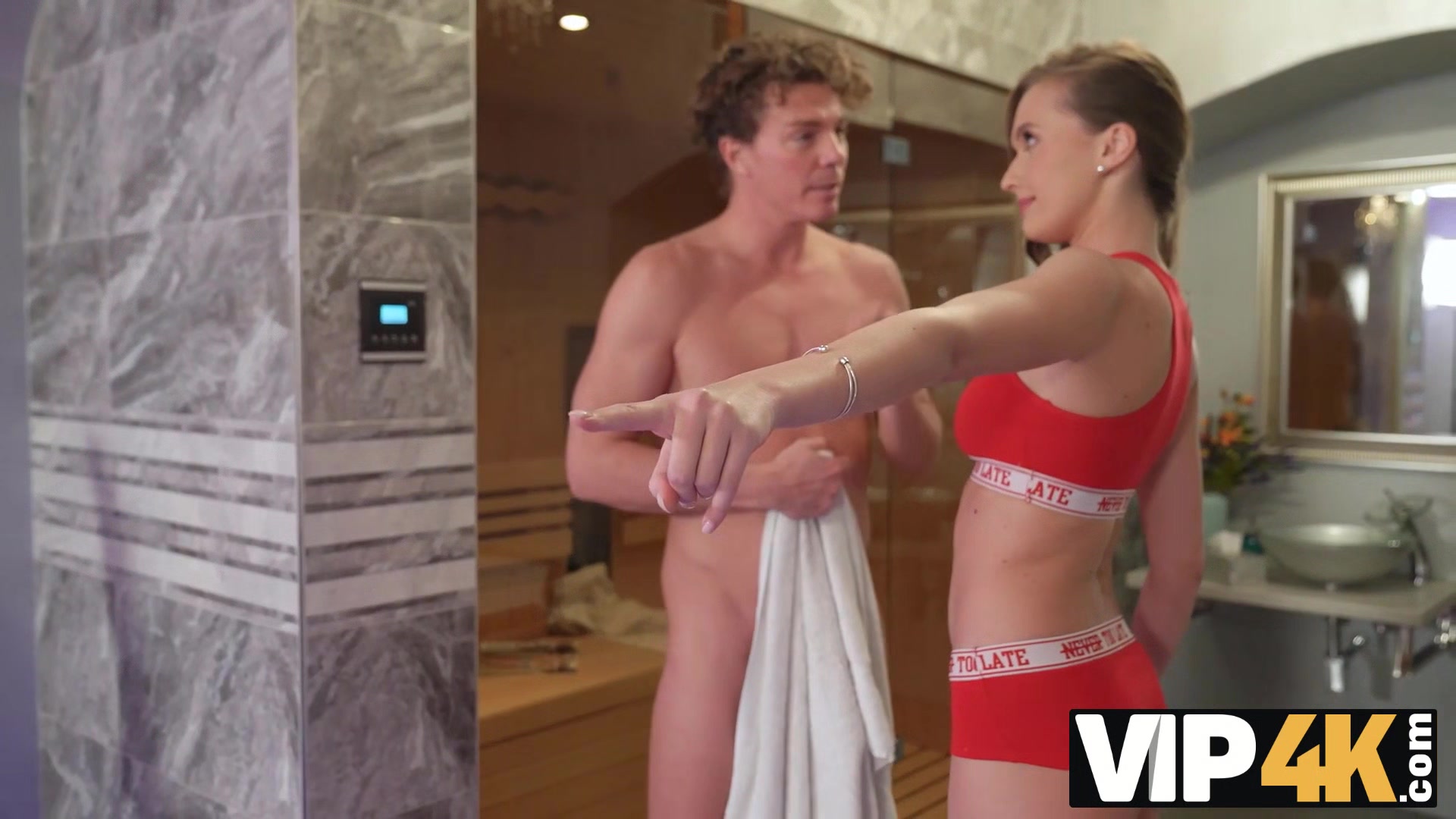 VIP4K. Stacy Cruz enters her own sauna and catches handsome stranger