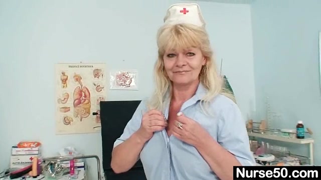 Aged blond lady shows off natural tits and dildo skills