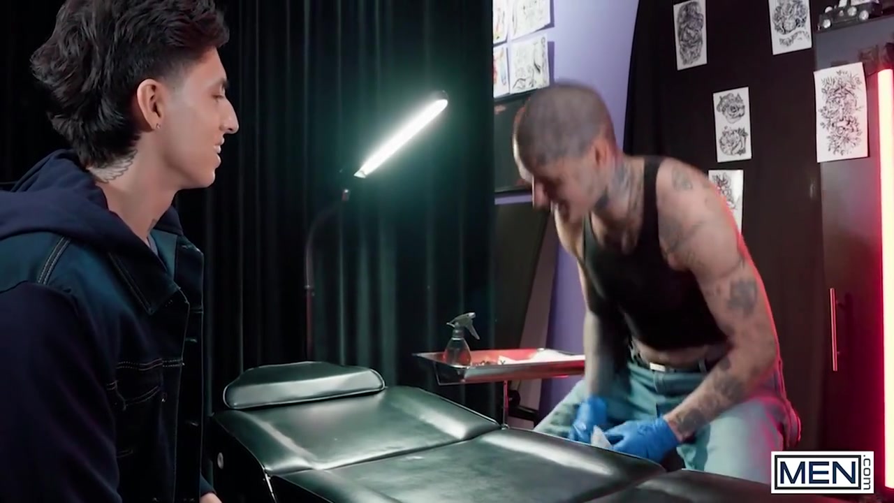 Men Licks Tattoo Artist Ethans Hole, Then Bends Him Over To Pound Him On The Tattoo Bed With Angel Elias