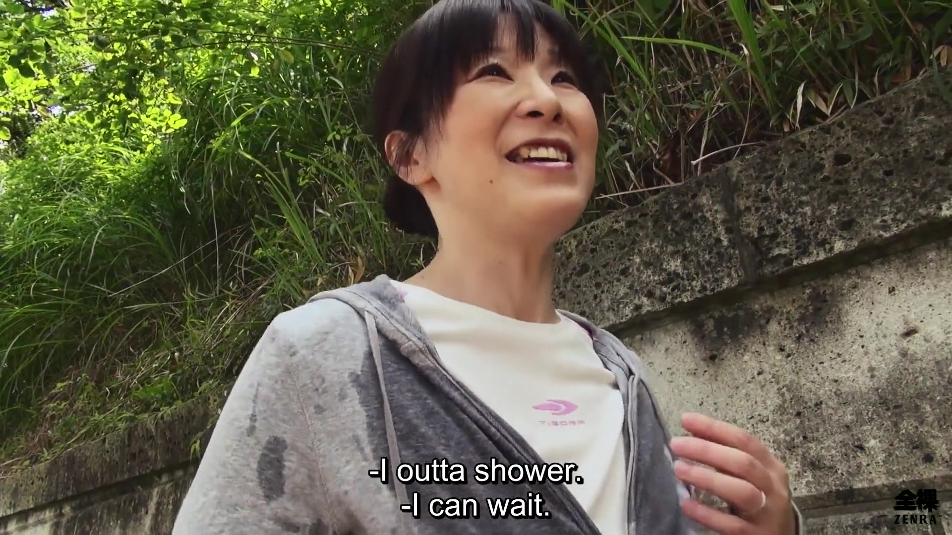 Sweaty older Japanese woman with massive tits uses them on my feet