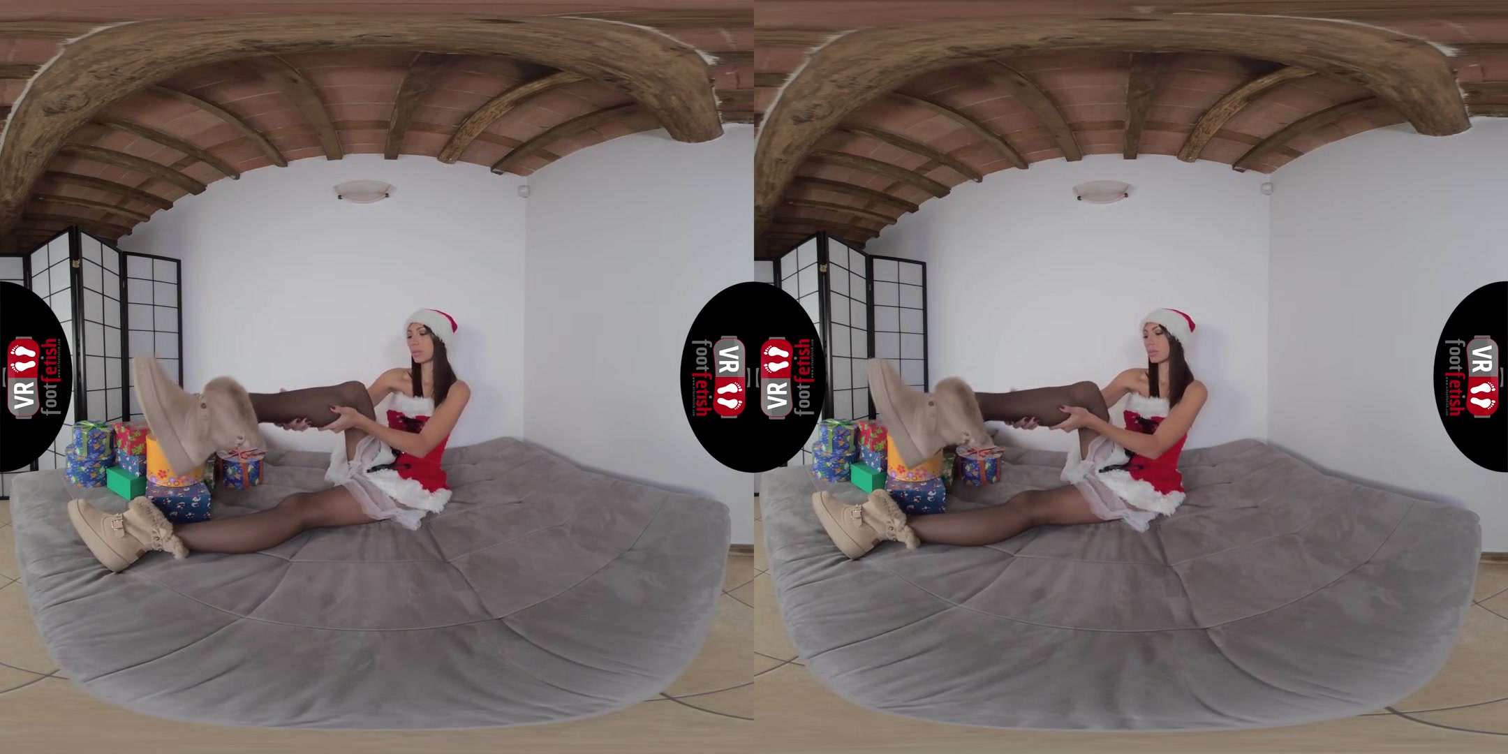 Stunning Daniela flaunts her sexy feet and wishes you Merry Christmas; Stockings Foot Fetish VR