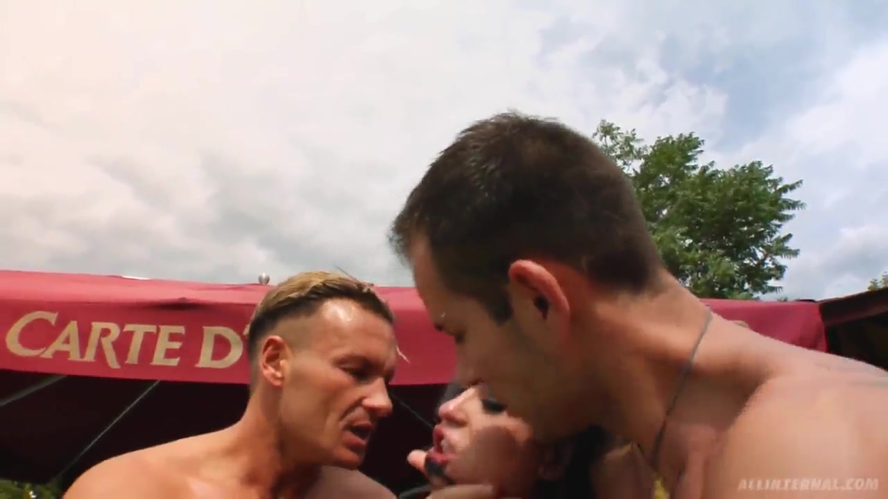 Two men fucking hottie very hard outdoors