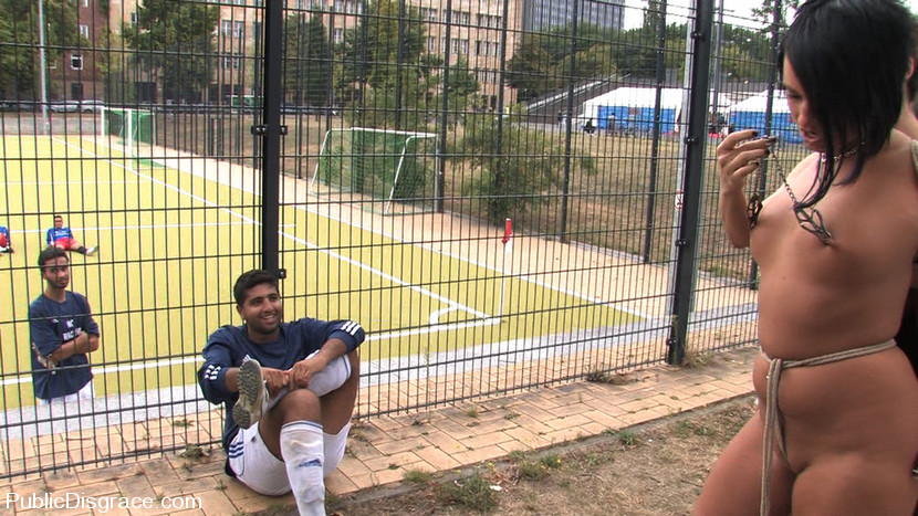 Euro Babe Gets Tied Up And Exposed To A Field Of Soccer Players Totally Naked - PublicDisgrace