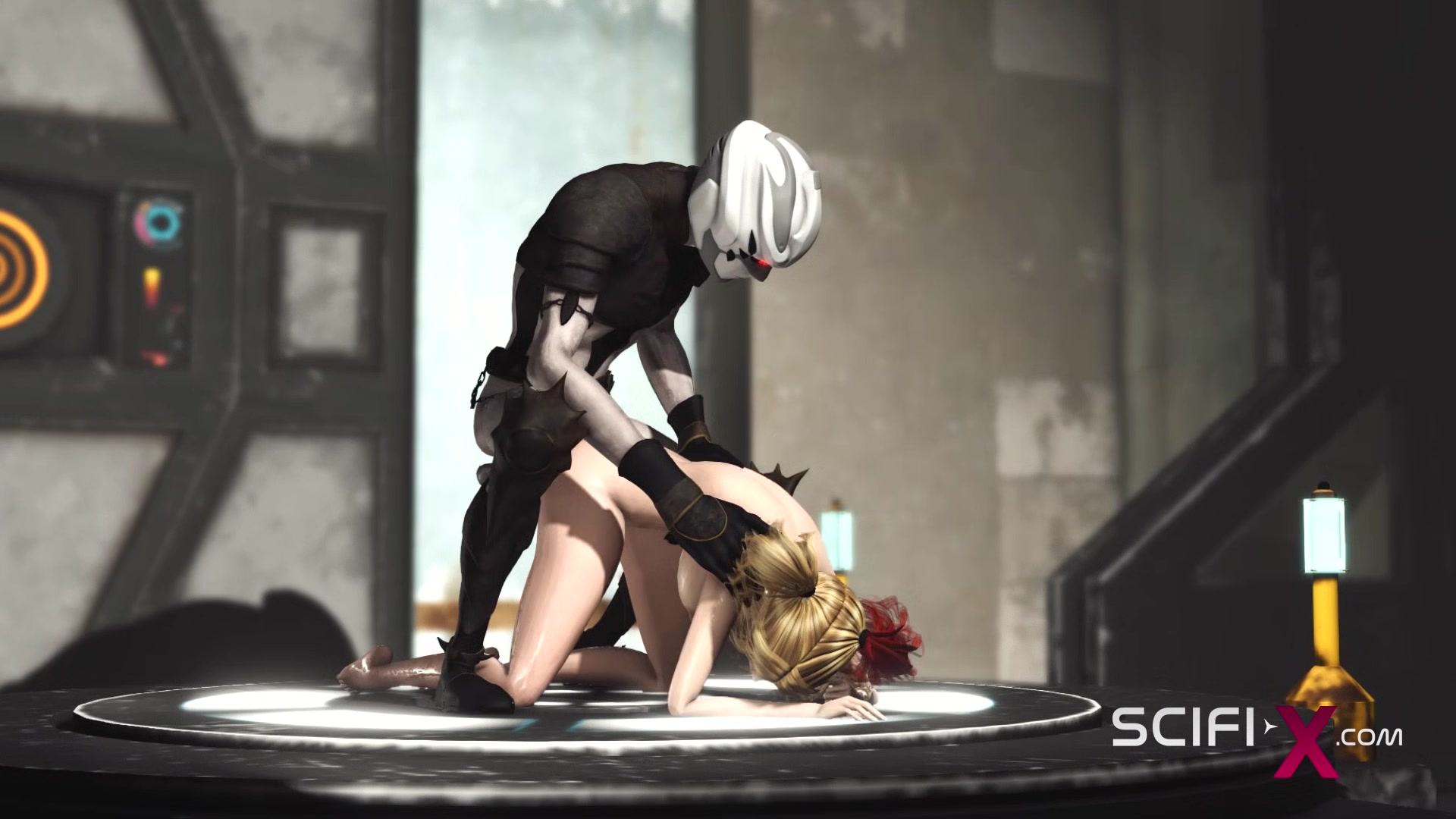 Sex cyborg monster plays with a young horny hottie in the sci-fi dungeon