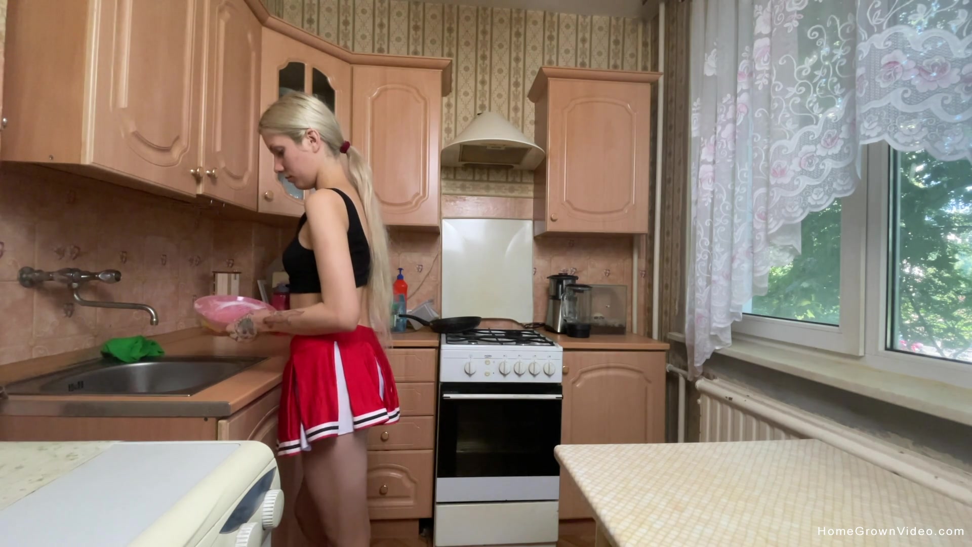 Petite blonde babe Vasya gets a hot dripping creampie cum load in the kitchen!