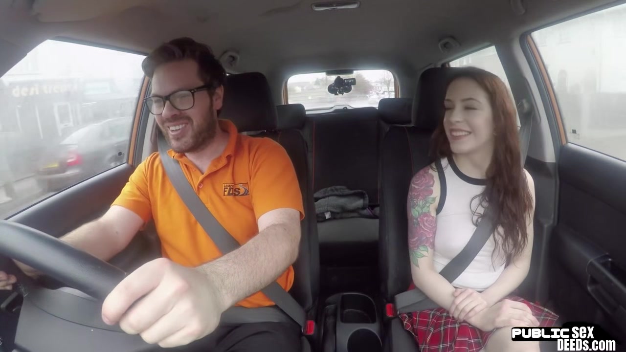 Tattooed medium tits babe fucked in car by instructor