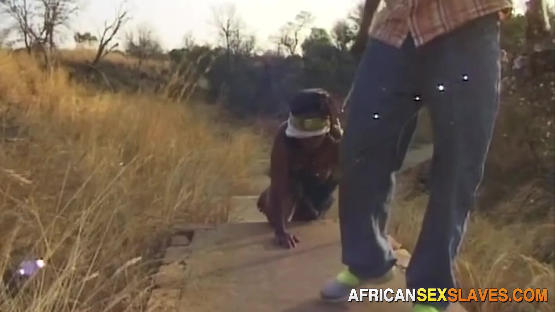 Taking this ebony bitch outdoor for a walk and a spanking