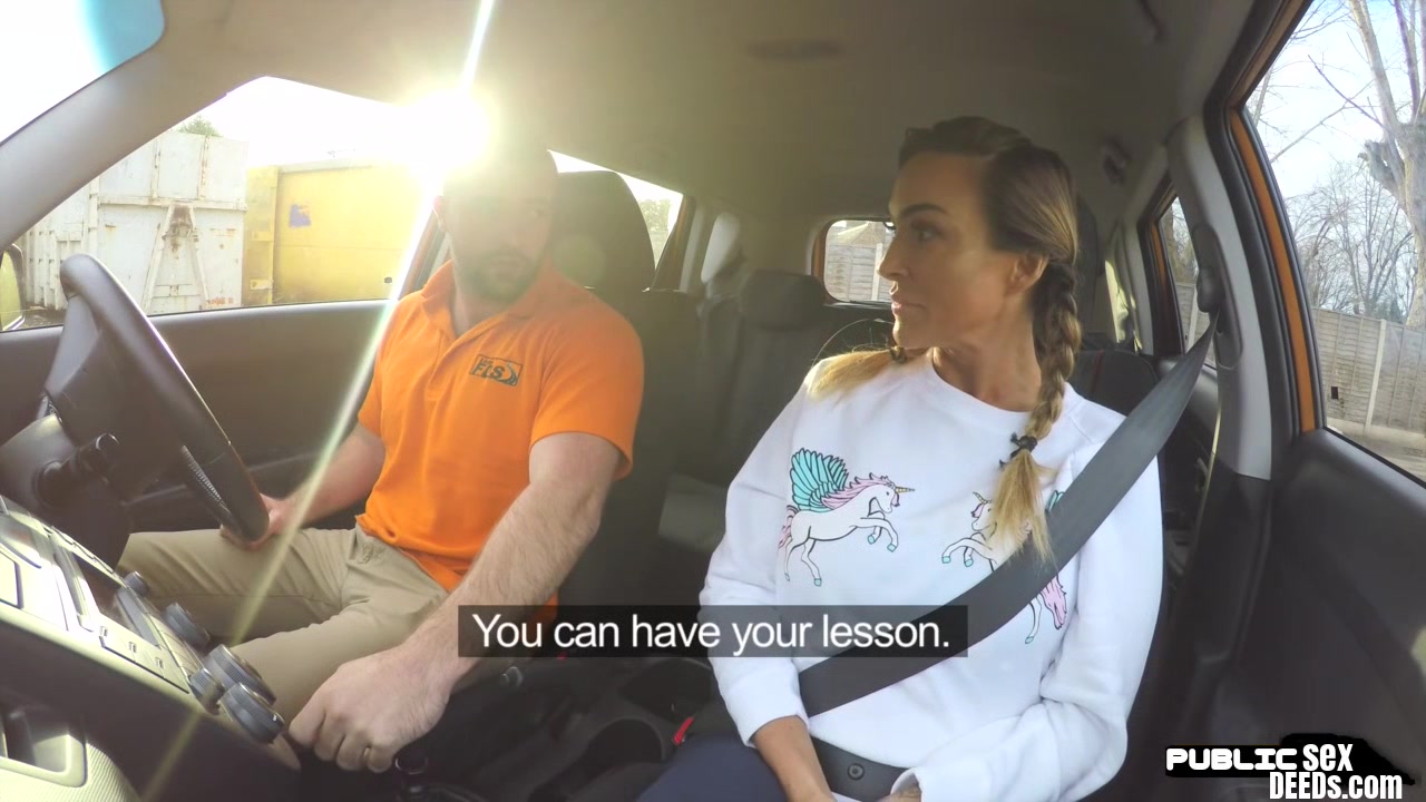 Busty MILF public fucked in car outdoor by driving tutor