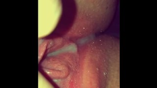 Pushing his big deep cum out my bbw pussy