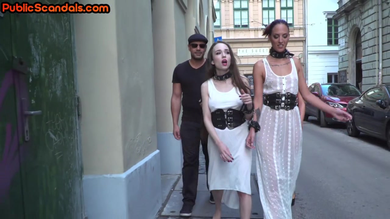 Submissive sluts fucked and humiliated in public orgy