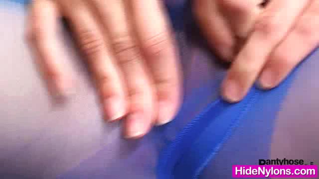 Slim teen 18+ in blue nylon tights toys herself
