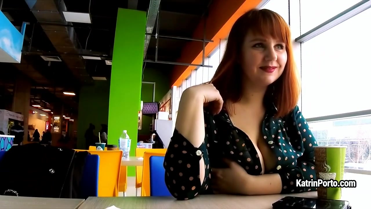 BBW redhead Katrin Porto shows her big tits and hairy cunt in public place