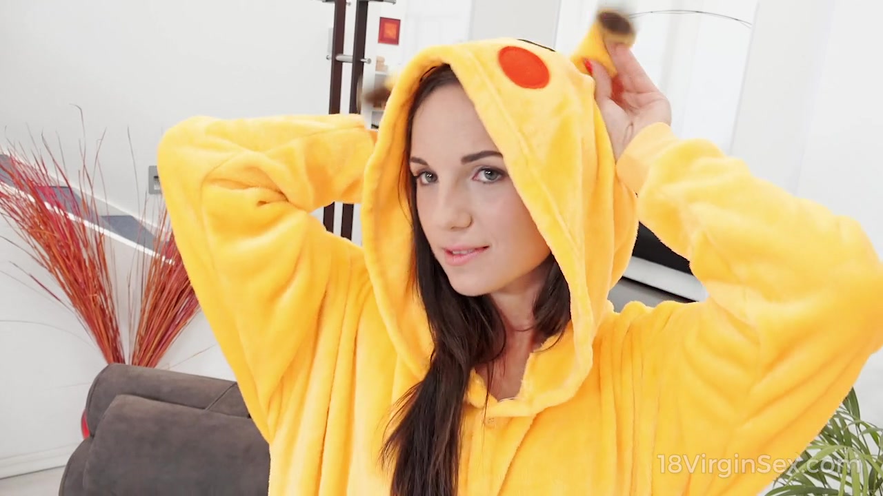 Brunette in Pikachu outfit teases a busy man