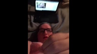 Sissy gurl in glasses cums all over herself!