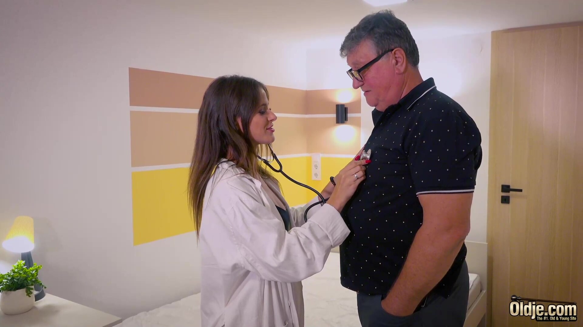 Young doctor treating a horny grandpa