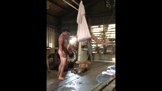 Sucking cock hanging from a meat hook