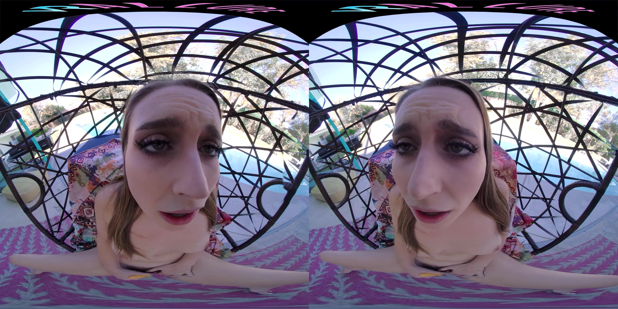 Horny blonde masturbates outside with her toys in virtual reality