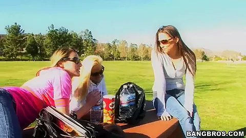 Kinky babes playing outside and showing their cool forms