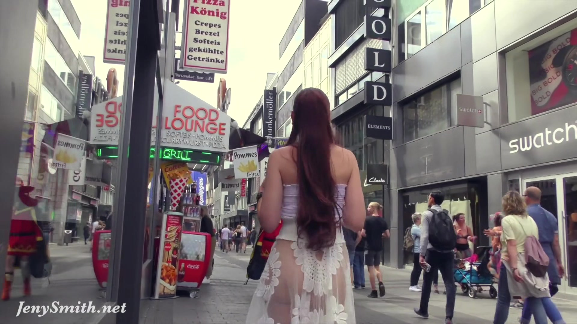 Jeny Smith walks in public in transparent dress without panties