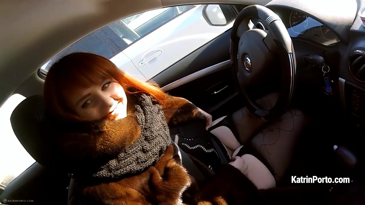 Sexy BBW Katrin Porto in fur coat shows her hairy cunt outdoor