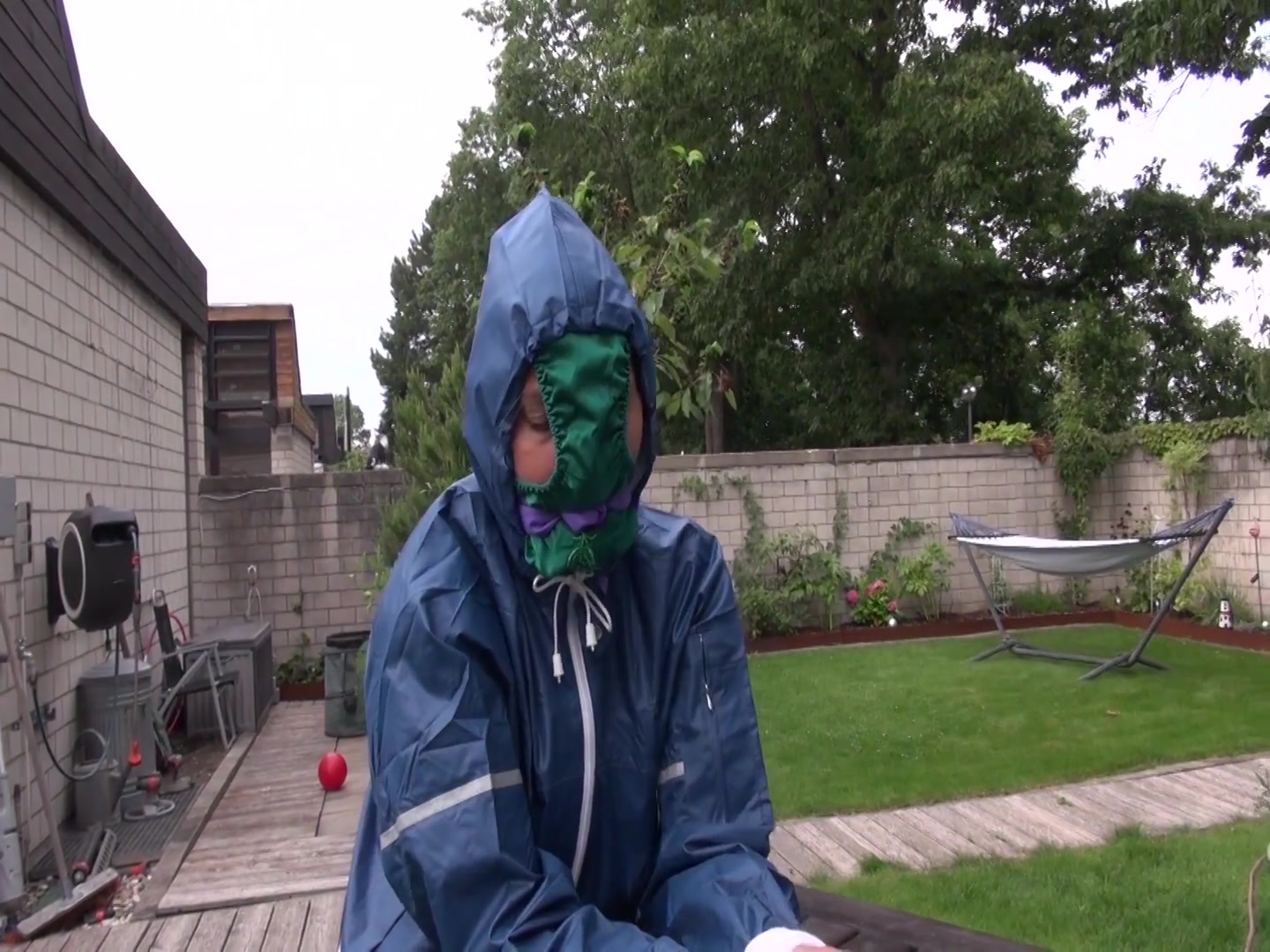 Watch Sandra Beeing Bound, Gagged With A Pantyhood In Her Oldschool Rainsuit