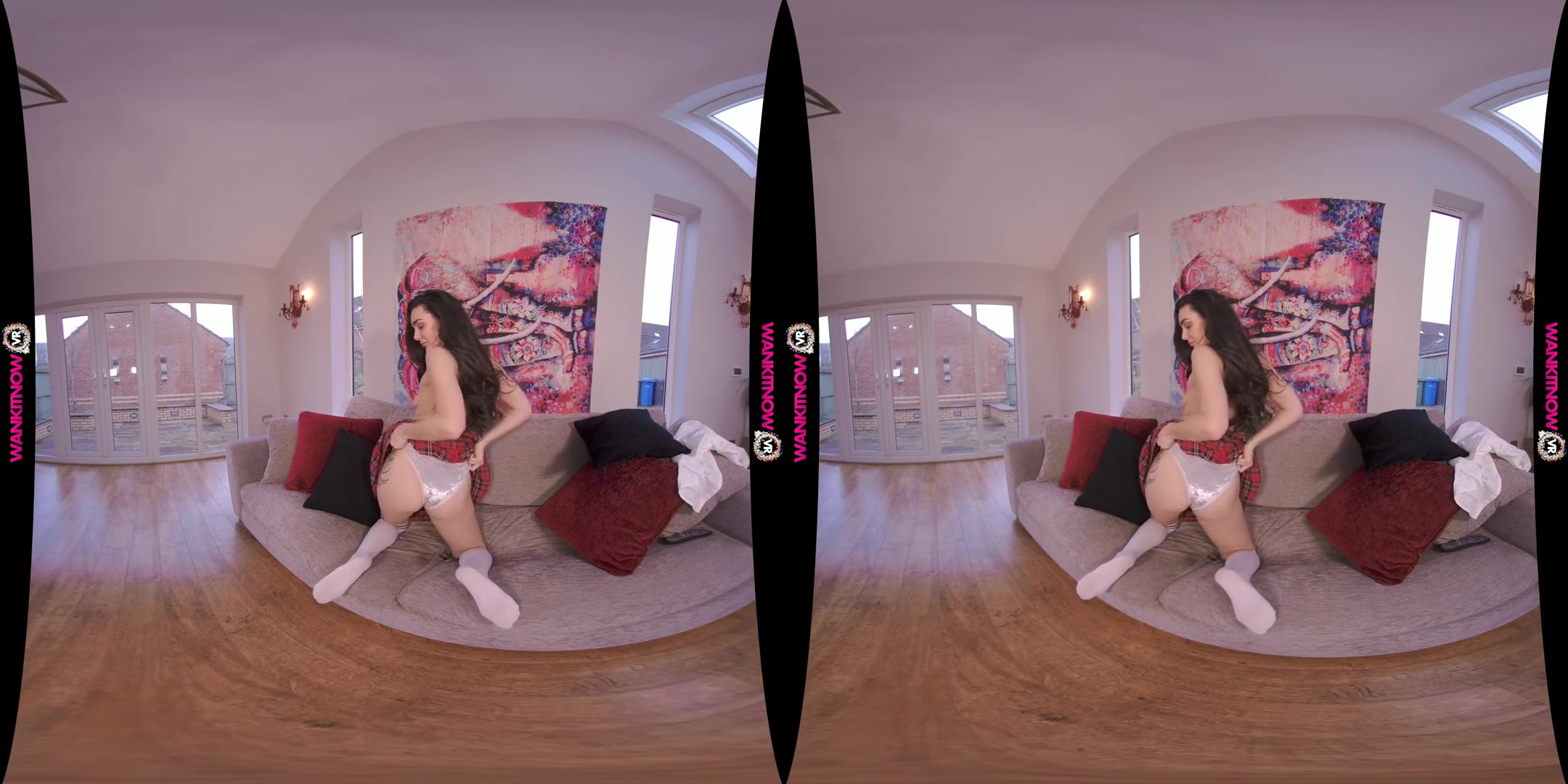 Wank From Home - Brunette in a Schoolgirl Skirt Striptease