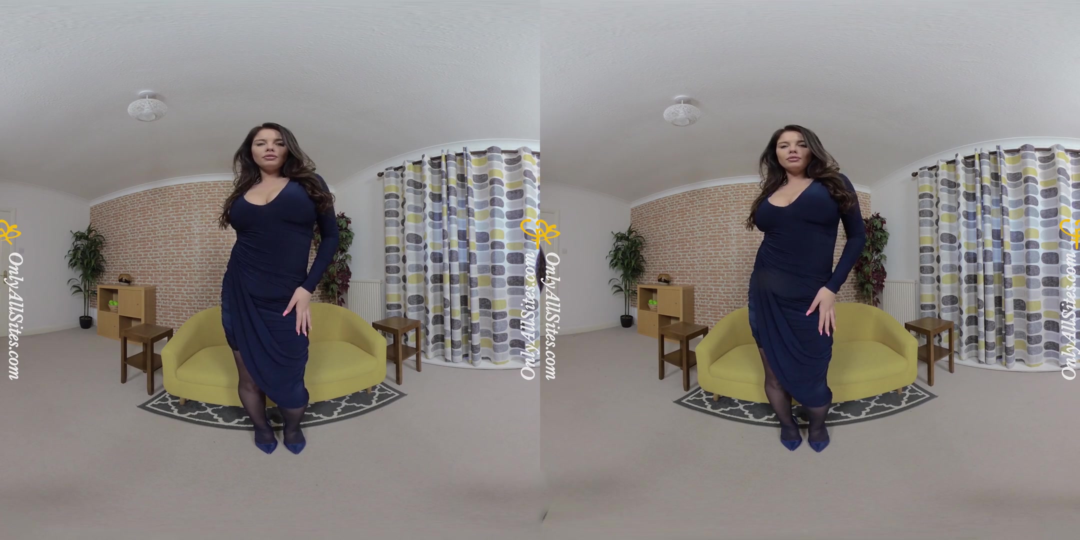 Kay - Blue Dress; Big Tits Brunette Solo Stripping