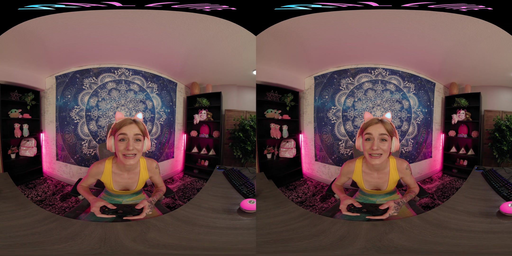 Gamer girl rides her big dildo in virtual reality
