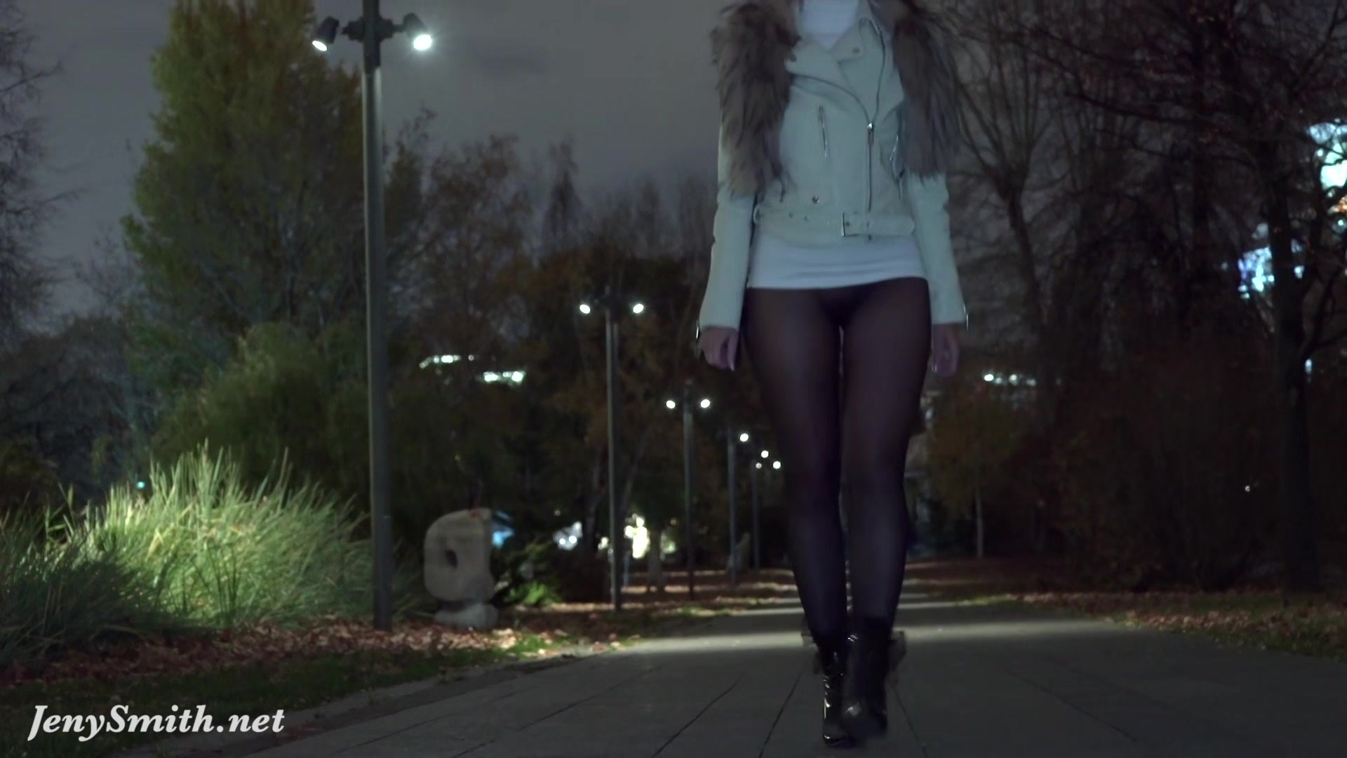 Jeny Smith walks in public in transparent tights without panties