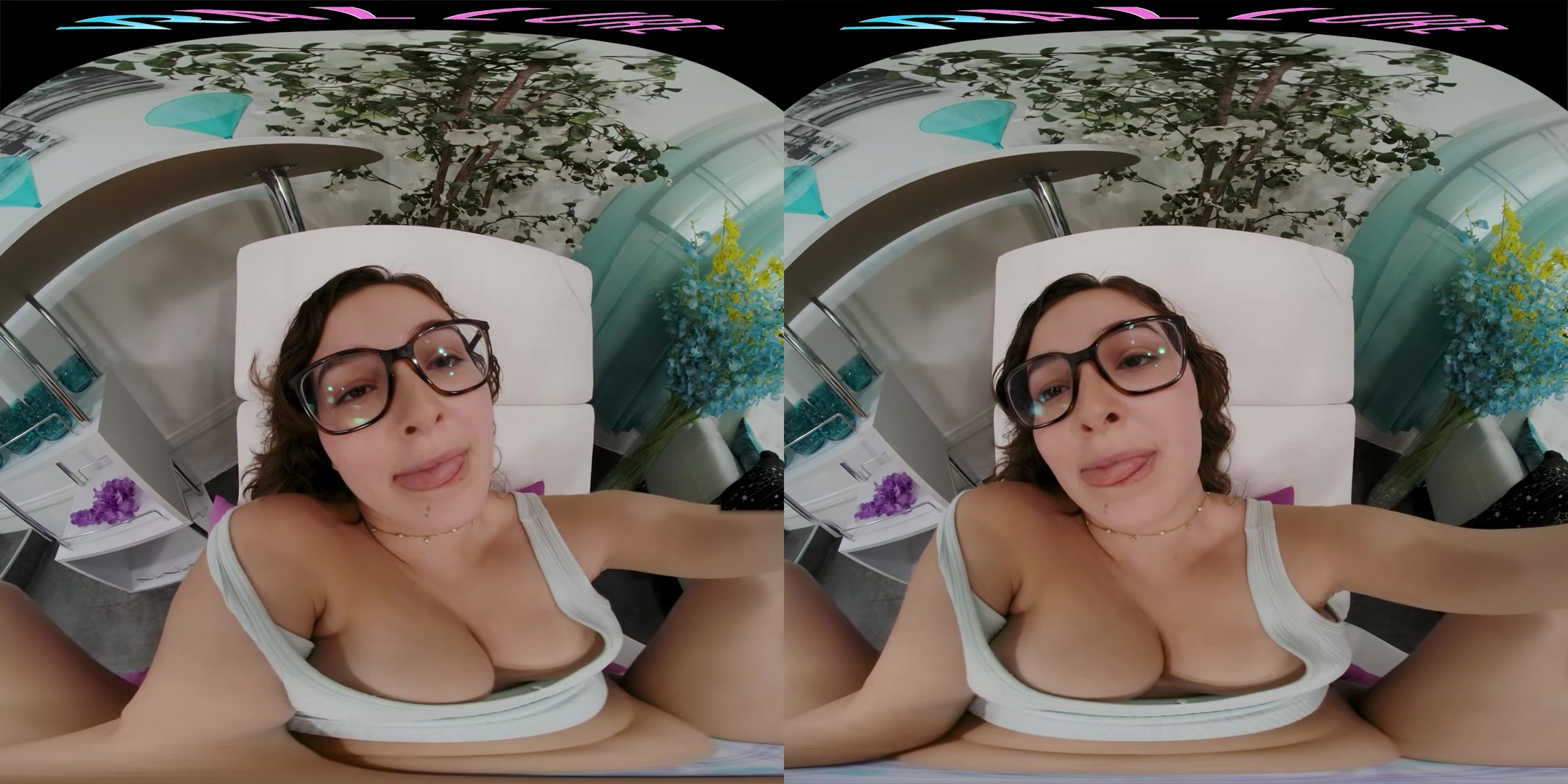 Busty brunette babysitter masturbates with her toy in virtual reality