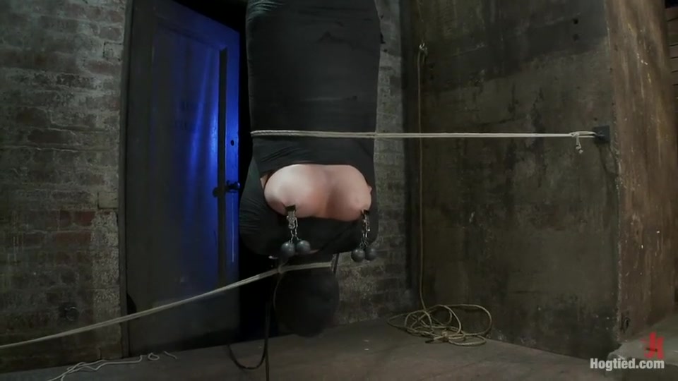 Cute little blond girl is mummified, vibrator stuck on her clit. Hung upside down to cum & cum.