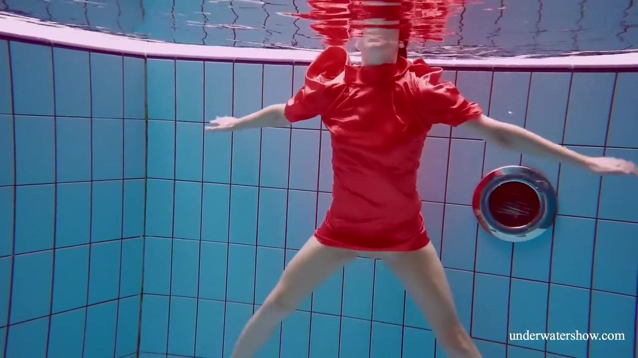 Red Long Dress And Big Tits Floating In The Pool