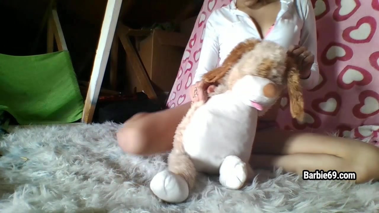 Barbie 69 with pink hair rides plush toy on the cock-loft